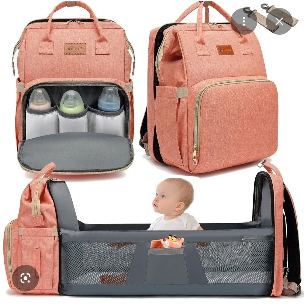 deBug Diaper Bag Backpack Portable Bassinet Changing Station Pink Grey Canvas